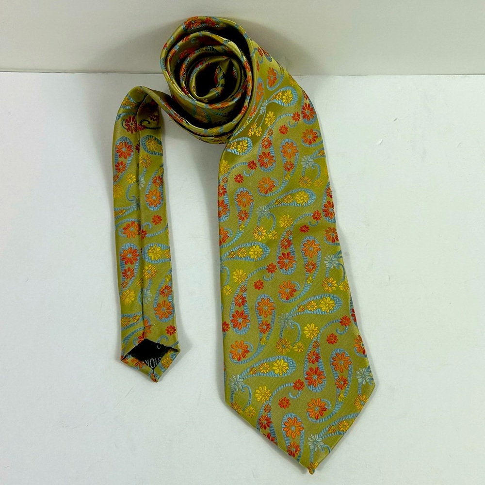 Giorgio Armani Light Green with Multi Colored Flowers Silk Tie